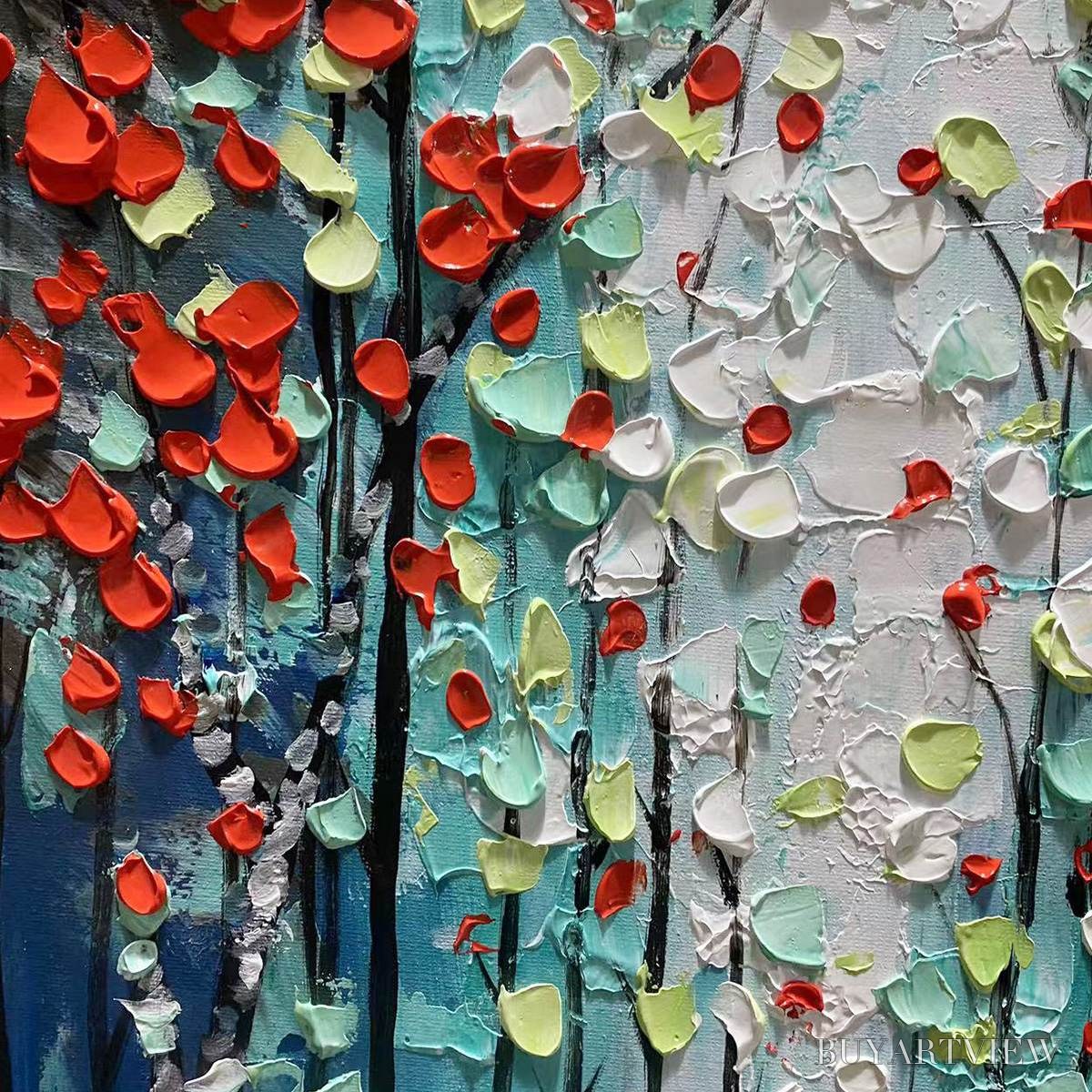 ARTOVITAS Crimson Forest – Vertical Textured Impasto Painting of a Forest with Red Accents, Modern , Blue, Green and Red - image 3