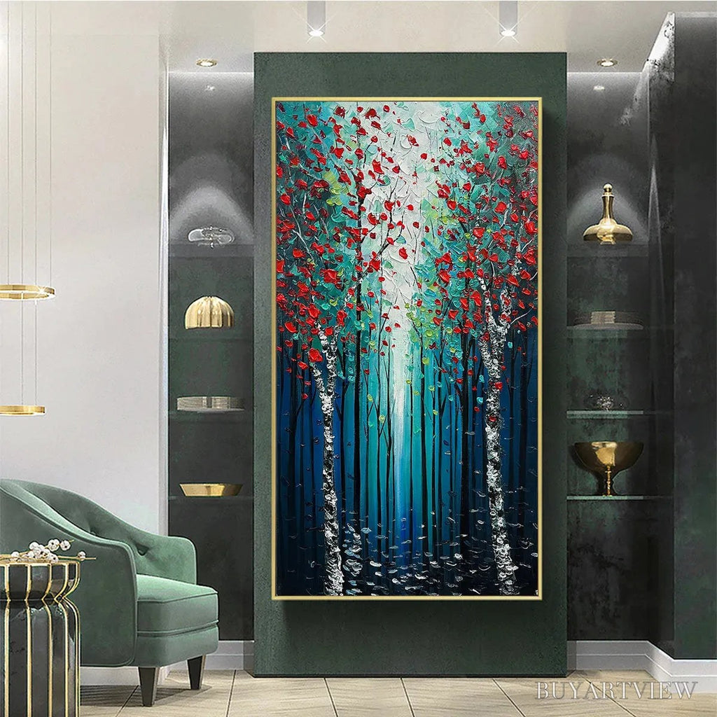 ARTOVITAS Crimson Forest – Vertical Textured Impasto Painting of a Forest with Red Accents, Modern , Blue, Green and Red - image 4