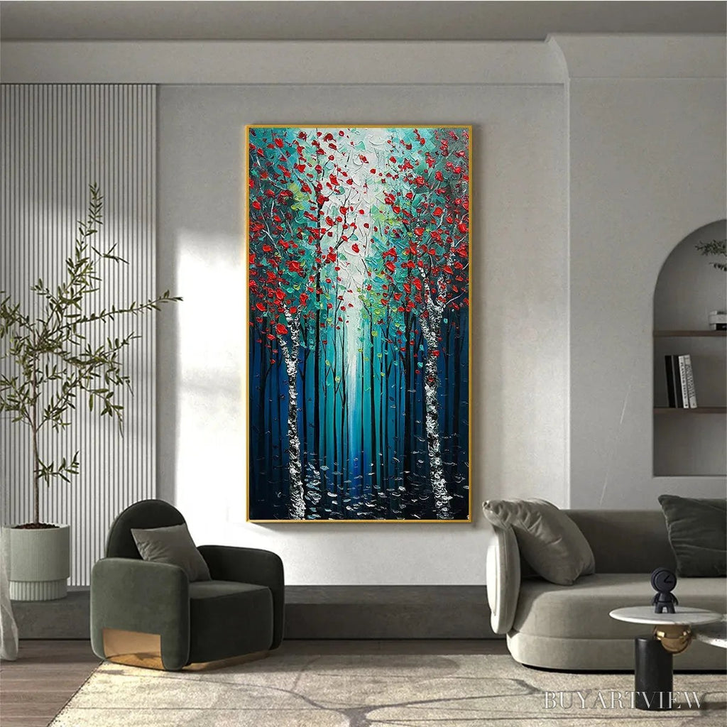 ARTOVITAS Crimson Forest – Vertical Textured Impasto Painting of a Forest with Red Accents, Modern , Blue, Green and Red - image 5