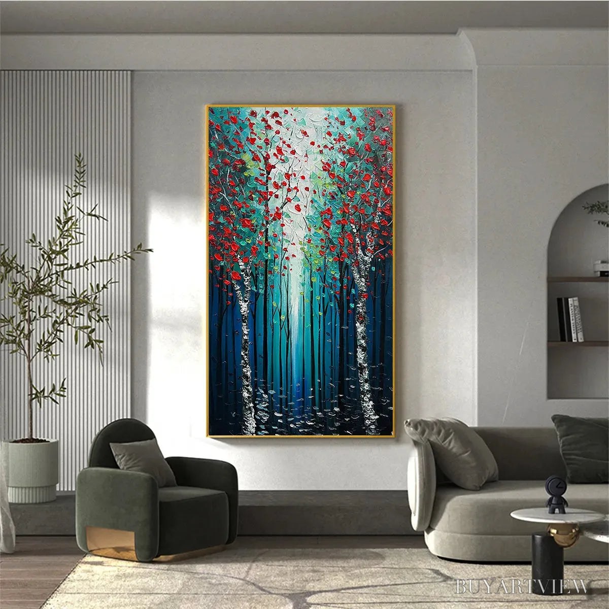 ARTOVITAS Crimson Forest – Vertical Textured Impasto Painting of a Forest with Red Accents, Modern , Blue, Green and Red - image 5