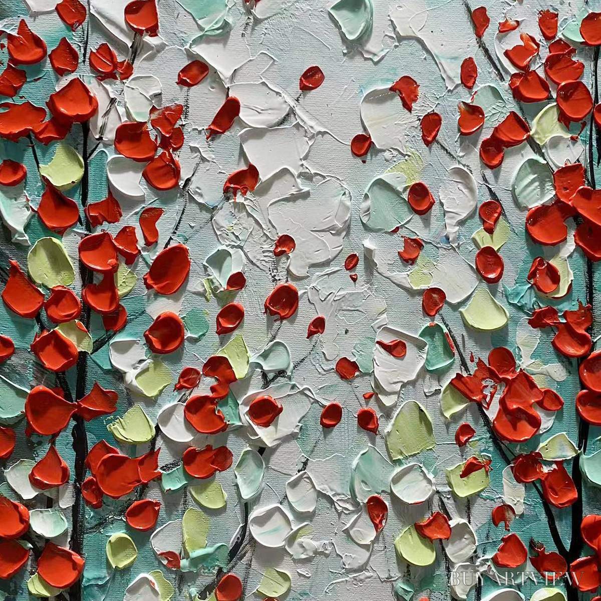 ARTOVITAS Crimson Forest – Vertical Textured Impasto Painting of a Forest with Red Accents, Modern , Blue, Green and Red - image 6