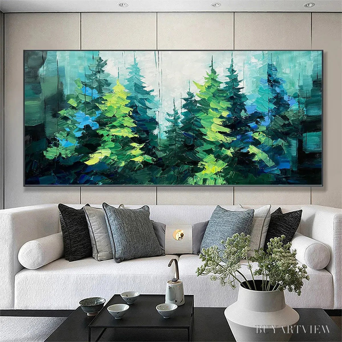 ARTOVITAS Emerald Forest – Panoramic Landscape Painting of an Evergreen Forest, Textured Impasto, Modern , Green - image 2
