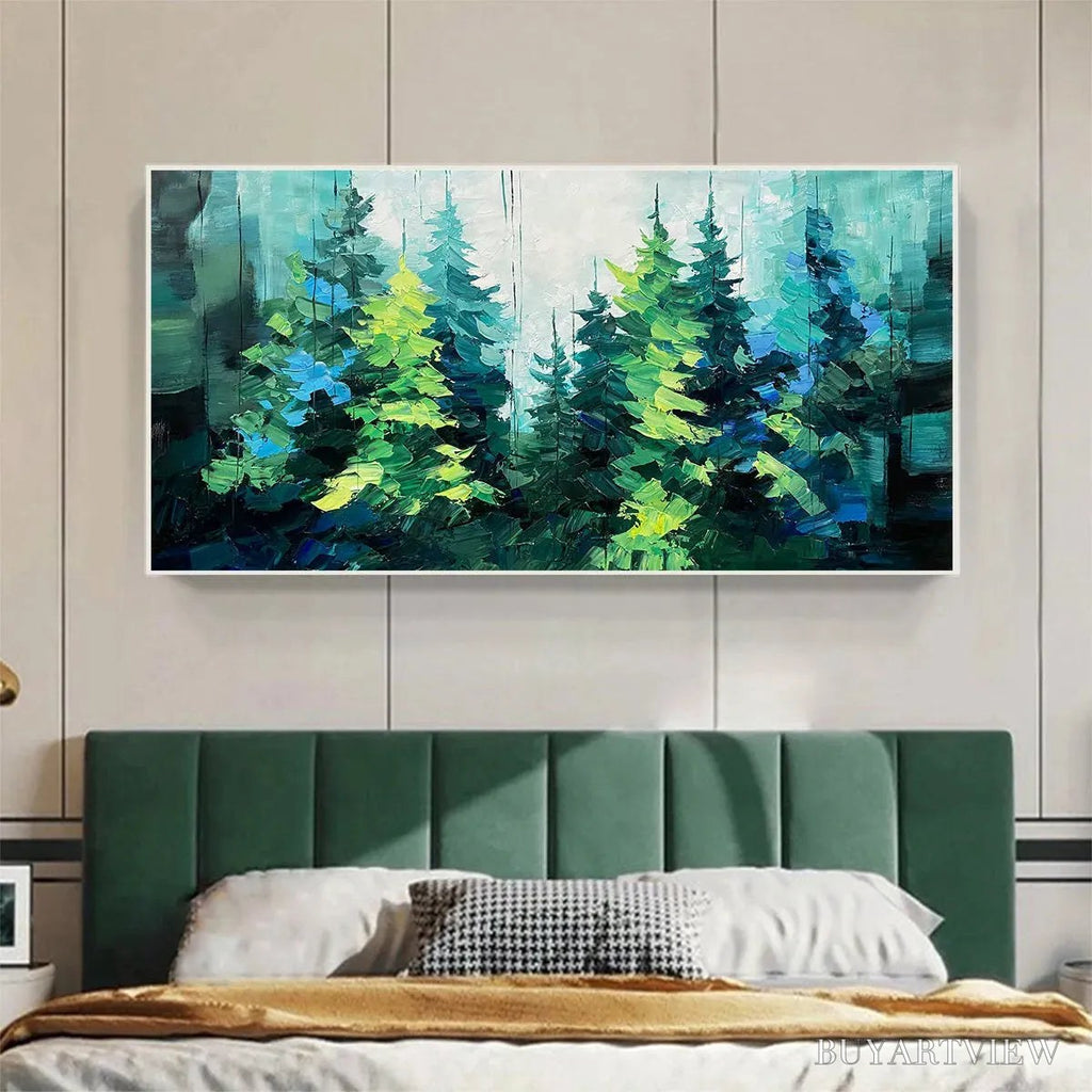 ARTOVITAS Emerald Forest – Panoramic Landscape Painting of an Evergreen Forest, Textured Impasto, Modern , Green - image 4