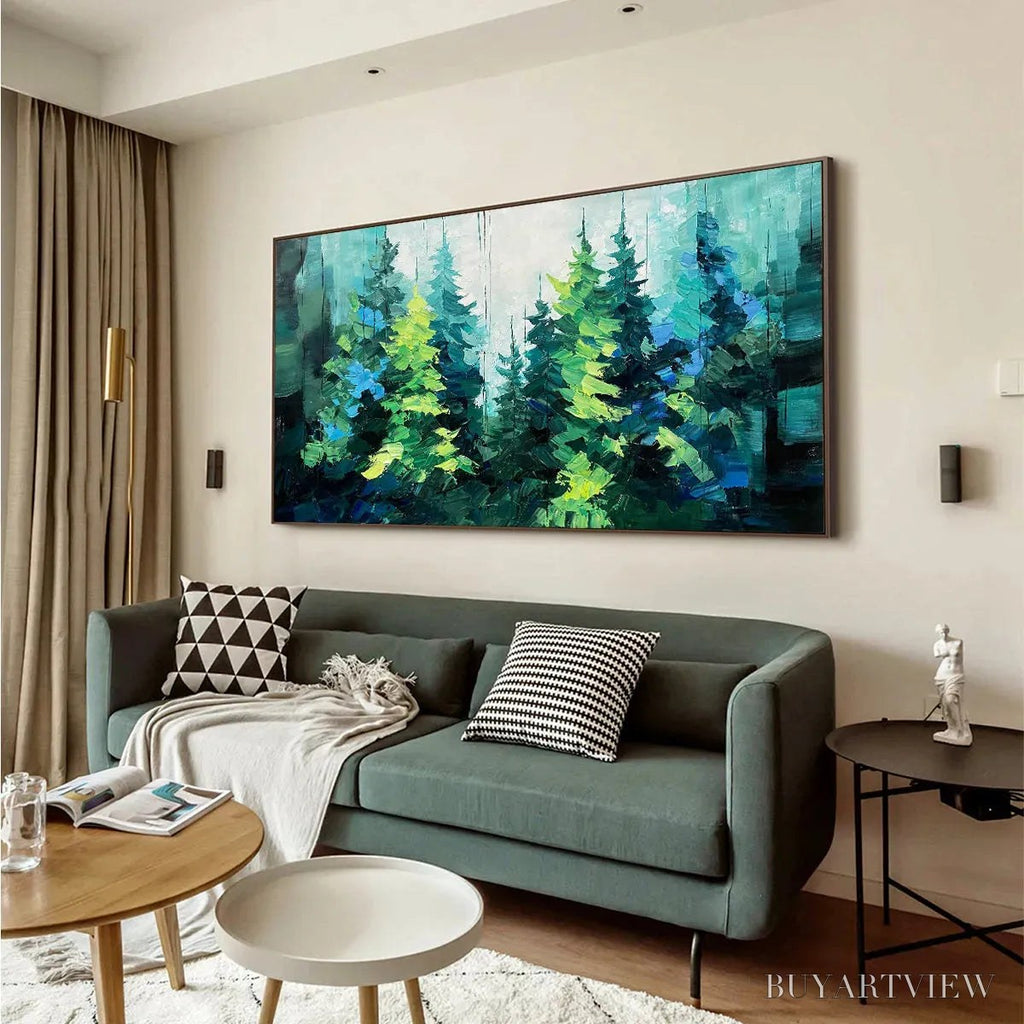 ARTOVITAS Emerald Forest – Panoramic Landscape Painting of an Evergreen Forest, Textured Impasto, Modern , Green - image 5
