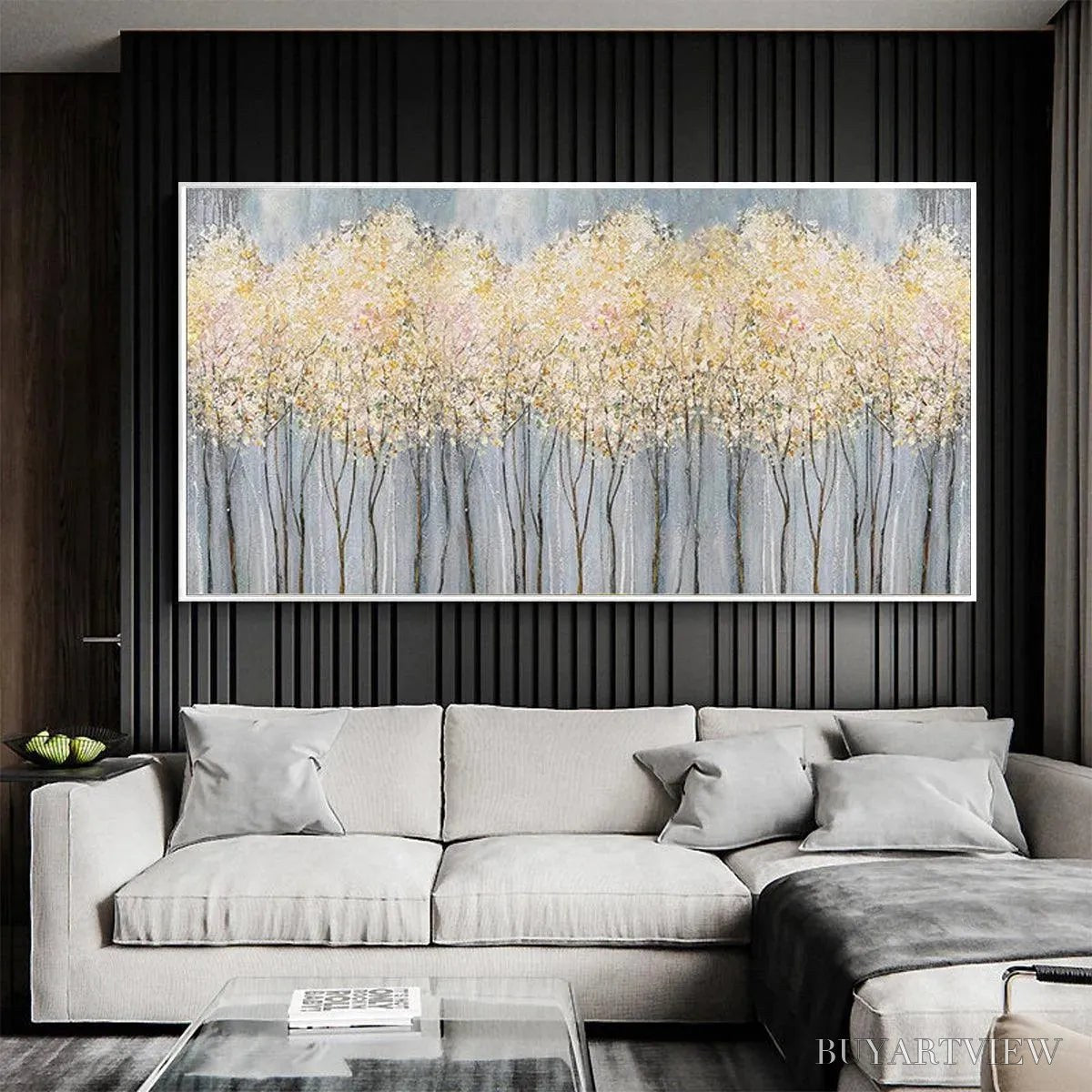 ARTOVITAS Golden Haze – Panoramic Landscape Painting, Textured Trees - image 3
