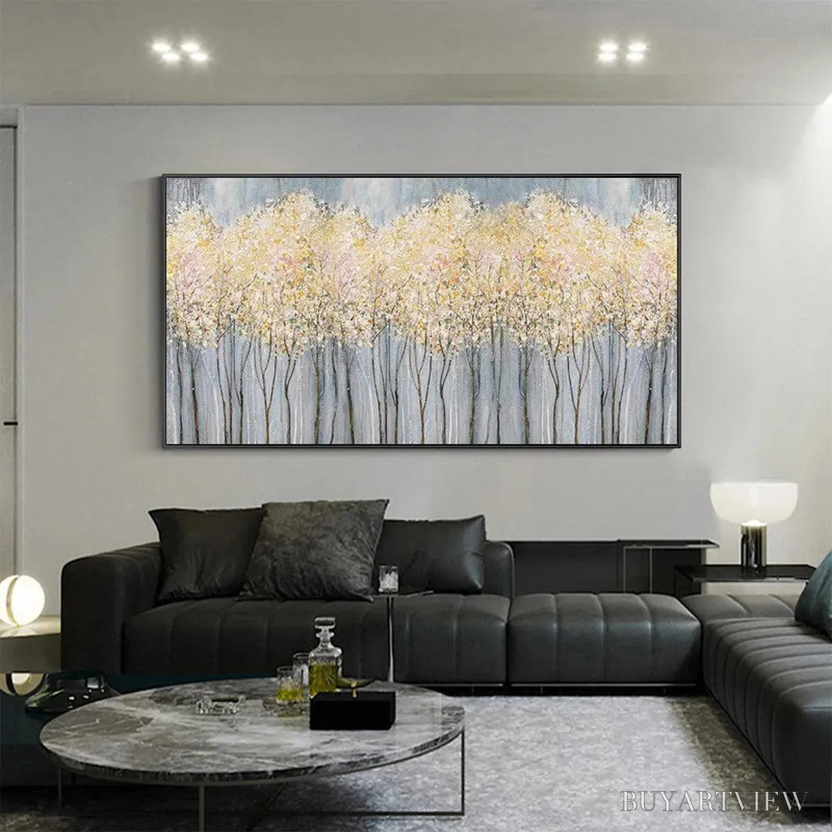 ARTOVITAS Golden Haze – Panoramic Landscape Painting, Textured Trees - image 6