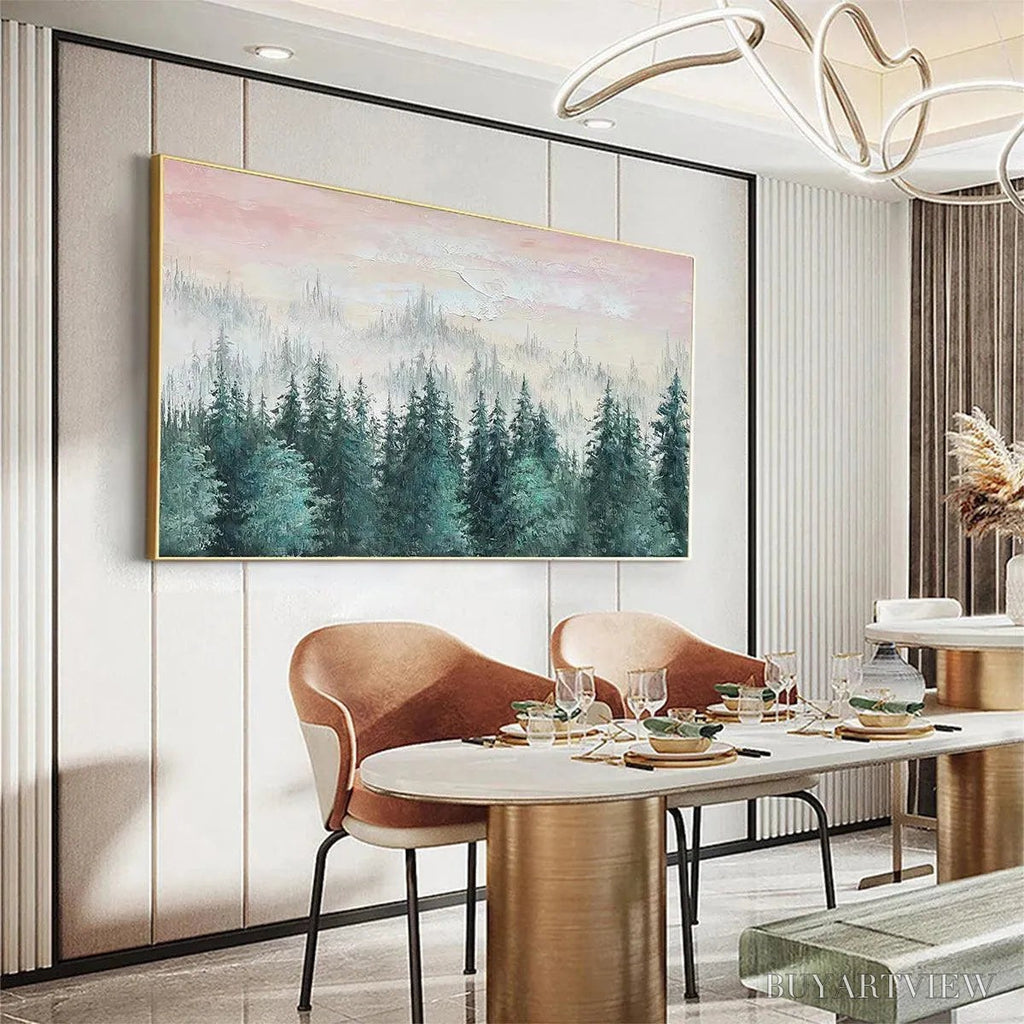 ARTOVITAS Misty Pines – Panoramic Forest Landscape Painting, Misty Trees, Green - image 2