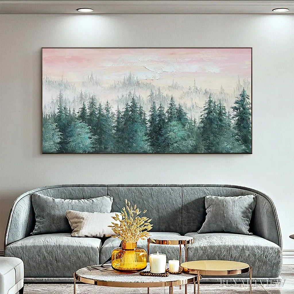 ARTOVITAS Misty Pines – Panoramic Forest Landscape Painting, Misty Trees, Green - image 4