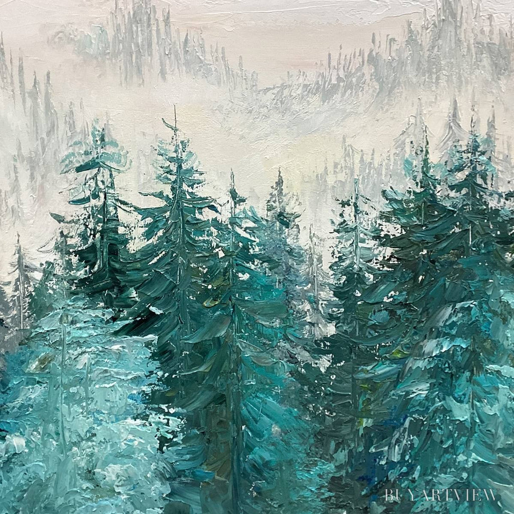 ARTOVITAS Misty Pines – Panoramic Forest Landscape Painting, Misty Trees, Green - image 6