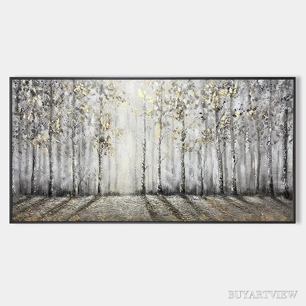 ARTOVITAS Golden Birchwood – Panoramic Birch Forest Landscape Oil Painting with Gold Accents - image 1