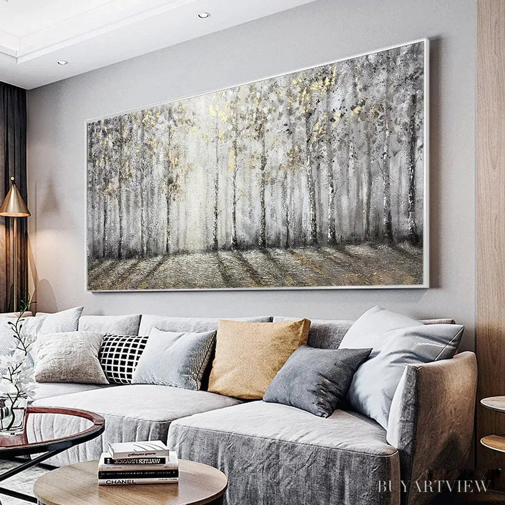 ARTOVITAS Golden Birchwood – Panoramic Birch Forest Landscape Oil Painting with Gold Accents - image 2