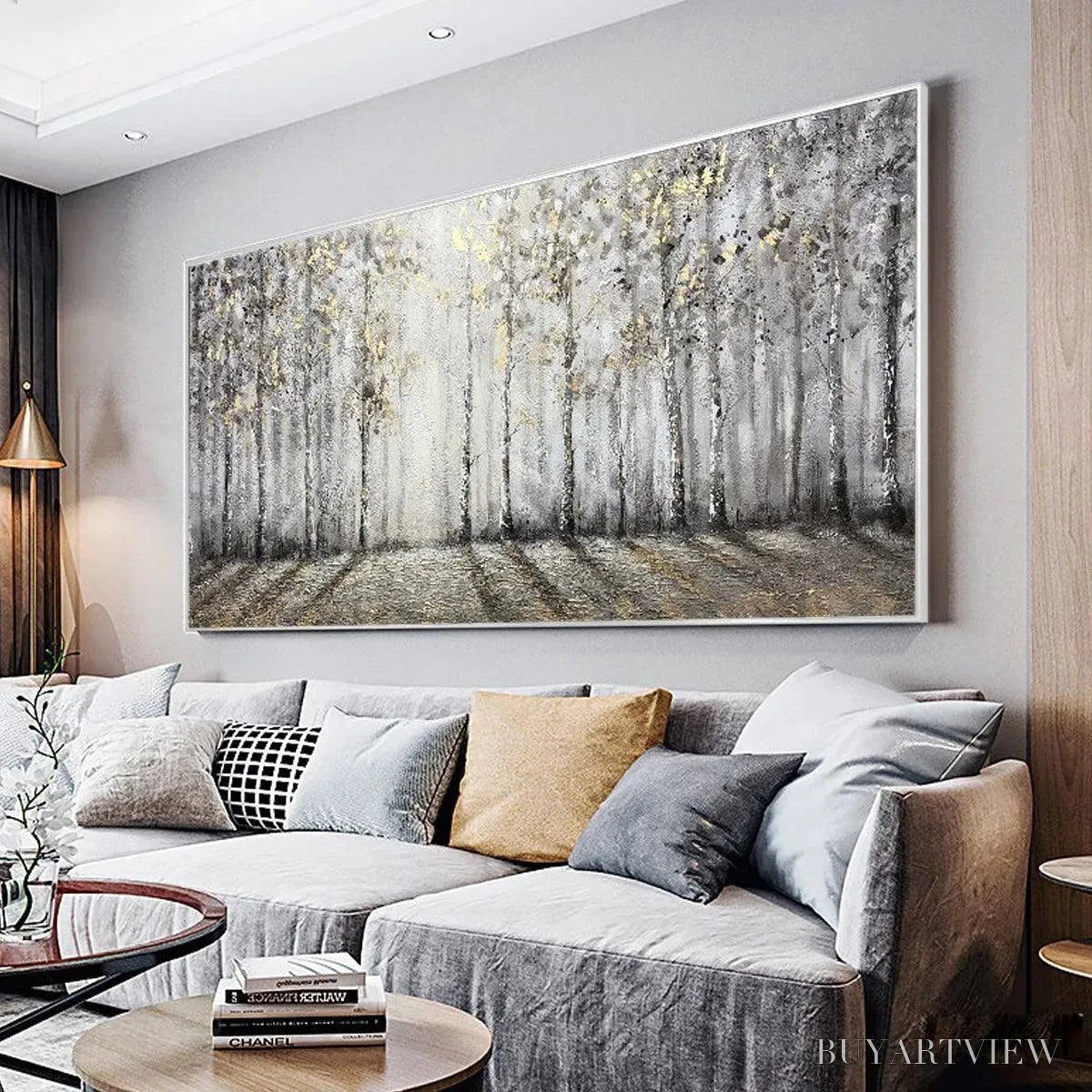 ARTOVITAS Golden Birchwood – Panoramic Birch Forest Landscape Oil Painting with Gold Accents - image 2