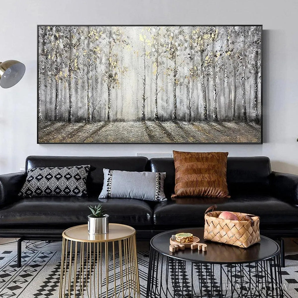 ARTOVITAS Golden Birchwood – Panoramic Birch Forest Landscape Oil Painting with Gold Accents - image 4
