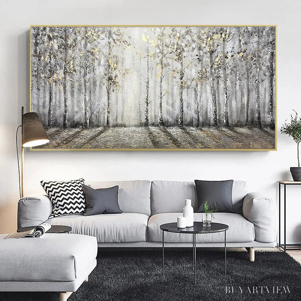 ARTOVITAS Golden Birchwood – Panoramic Birch Forest Landscape Oil Painting with Gold Accents - image 5