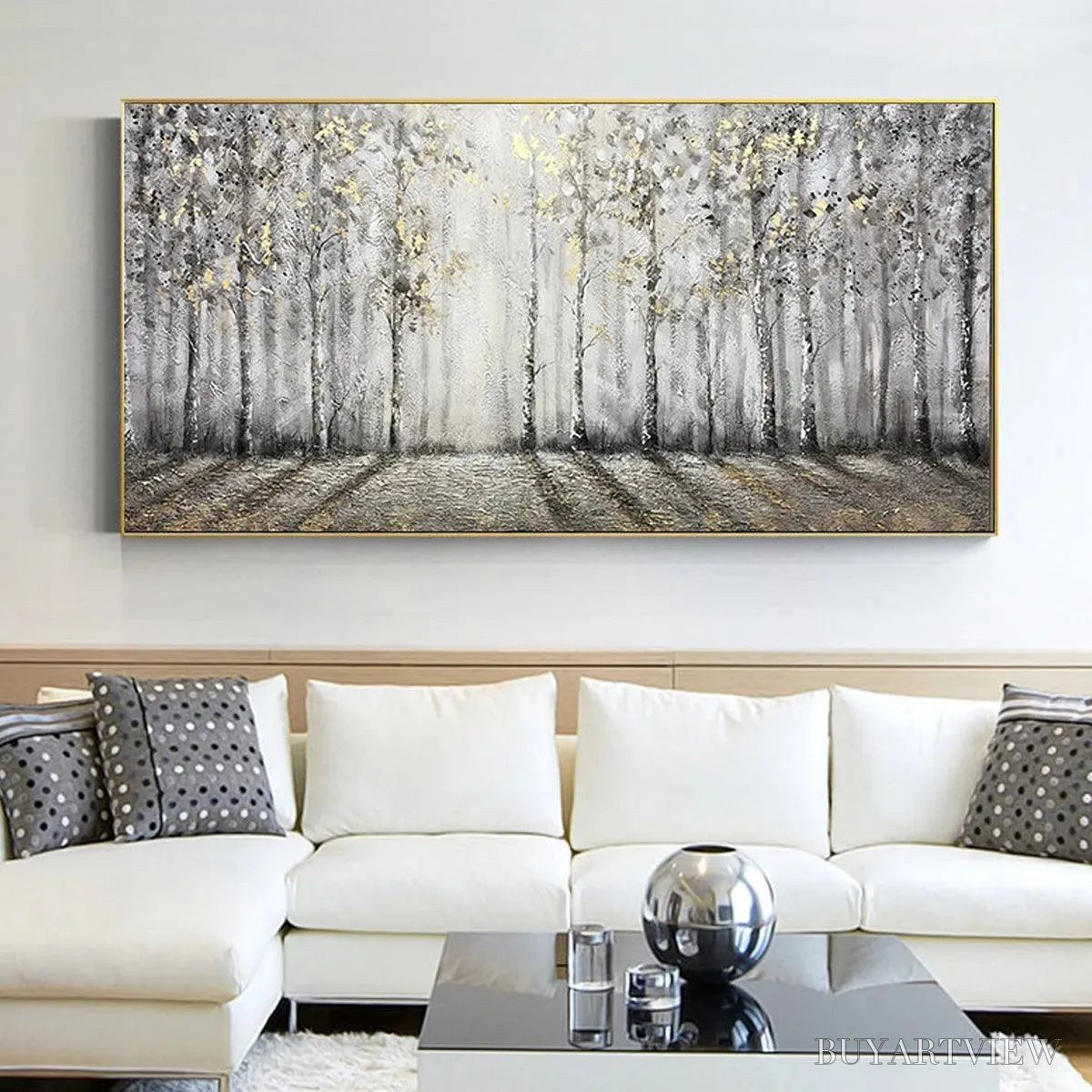 ARTOVITAS Golden Birchwood – Panoramic Birch Forest Landscape Oil Painting with Gold Accents - image 6