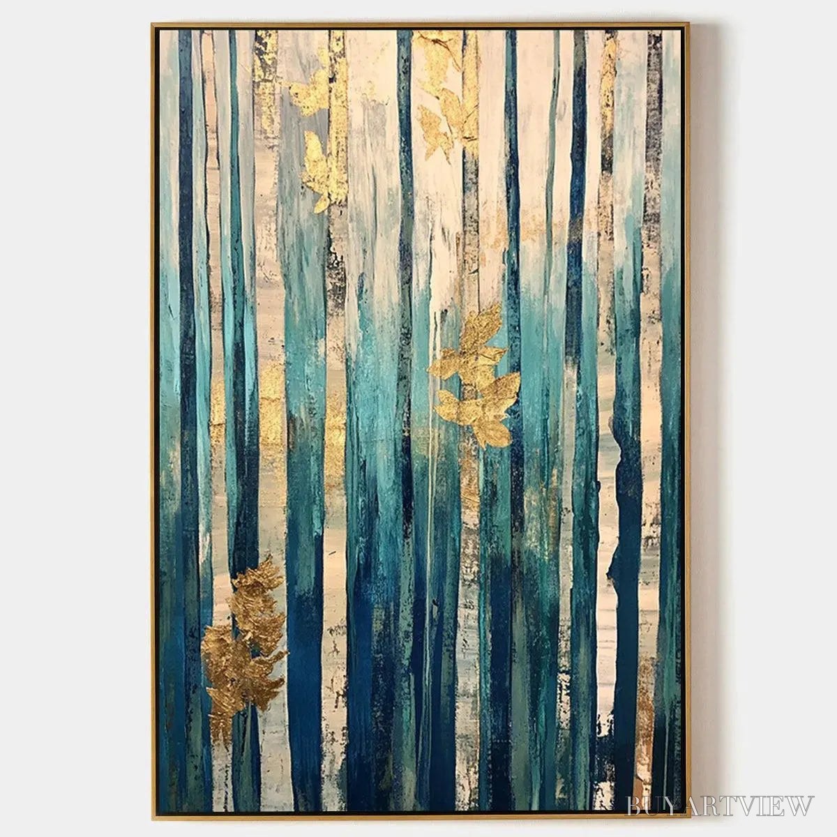 ARTOVITAS Azure Forest – Vertical Abstract Forest Oil Painting with Gold Leaf - image 1
