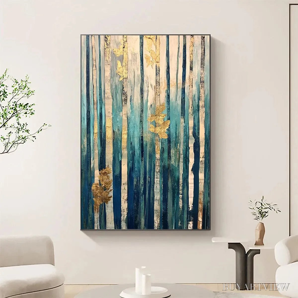 ARTOVITAS Azure Forest – Vertical Abstract Forest Oil Painting with Gold Leaf - image 2