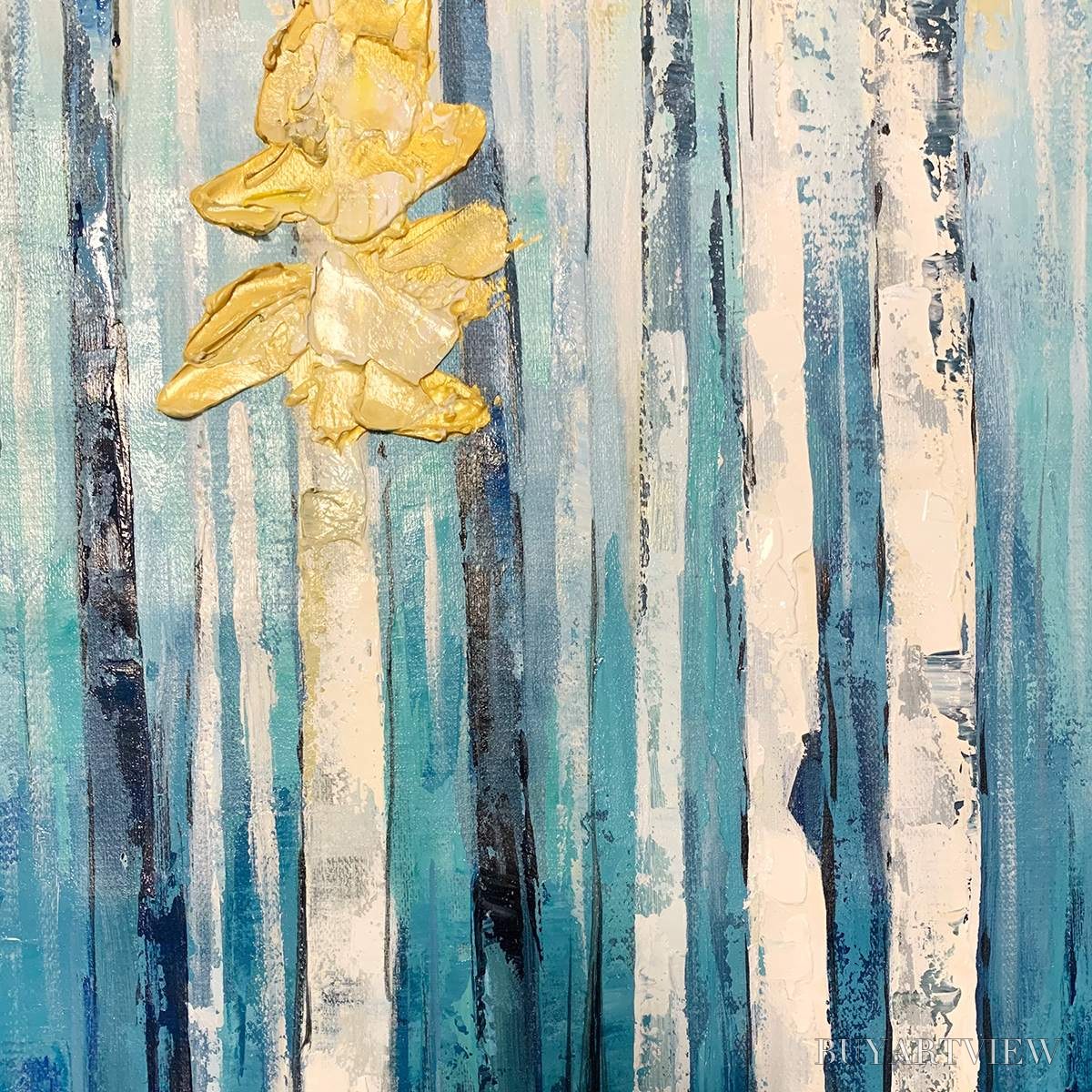 ARTOVITAS Azure Forest – Vertical Abstract Forest Oil Painting with Gold Leaf - image 3