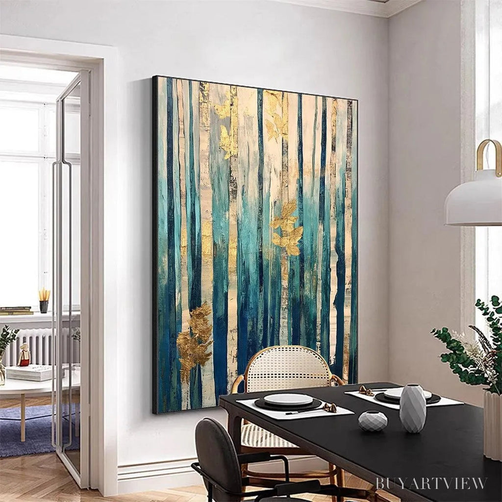 ARTOVITAS Azure Forest – Vertical Abstract Forest Oil Painting with Gold Leaf - image 4