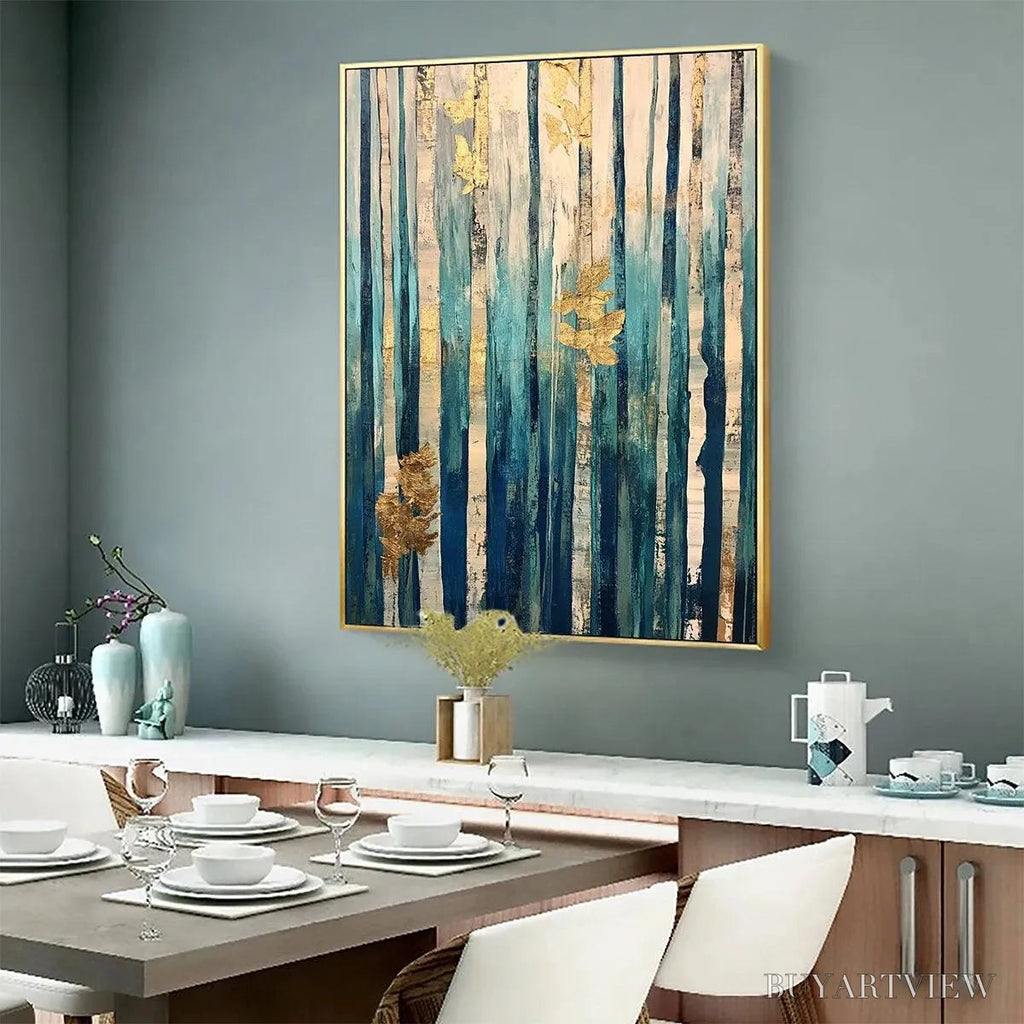 ARTOVITAS Azure Forest – Vertical Abstract Forest Oil Painting with Gold Leaf - image 5