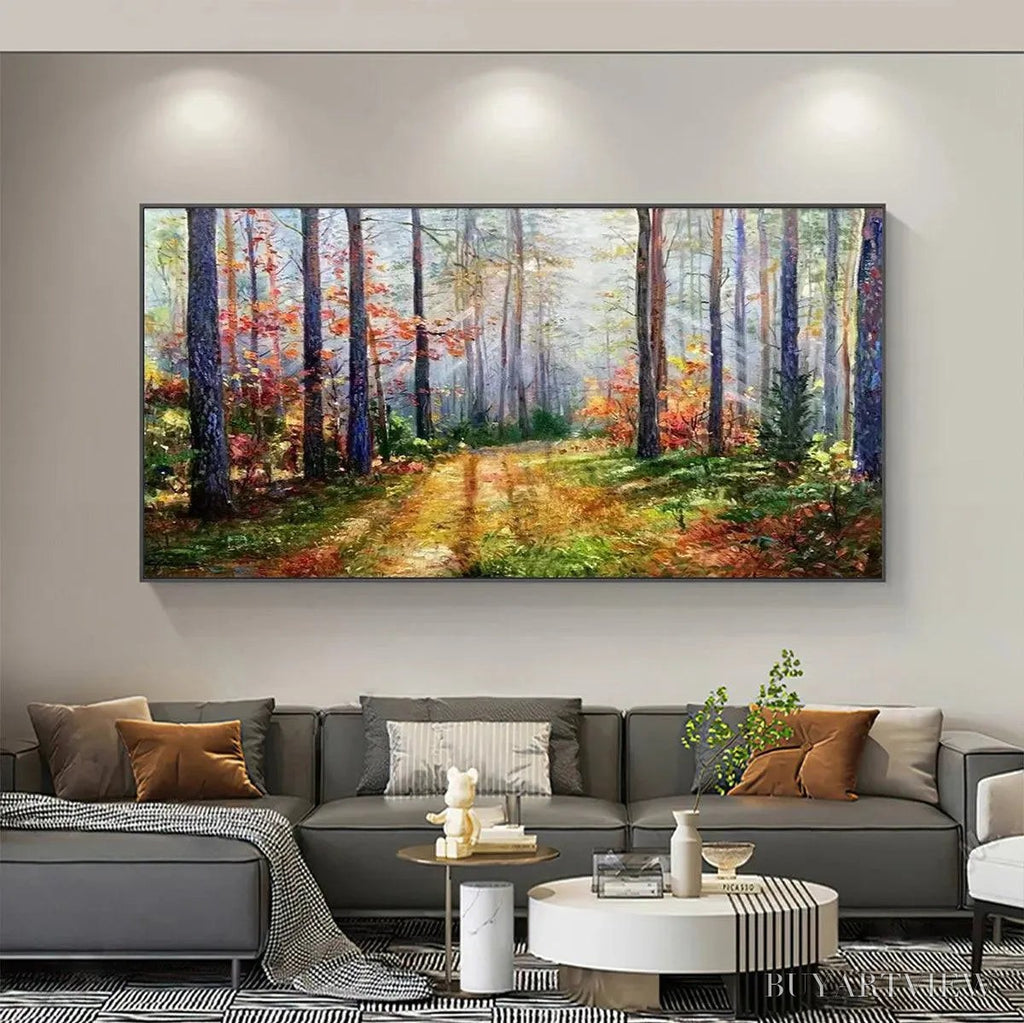 ARTOVITAS Autumn Forest Path – Panoramic Forest Landscape Painting, Autumn Colors , Nature Decor, Canvas Artwork - image 2