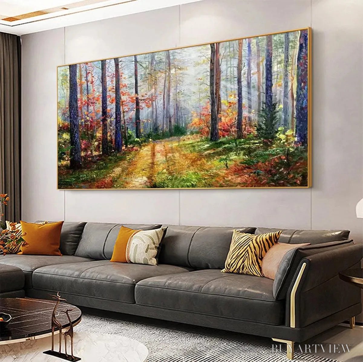 ARTOVITAS Autumn Forest Path – Panoramic Forest Landscape Painting, Autumn Colors , Nature Decor, Canvas Artwork - image 4