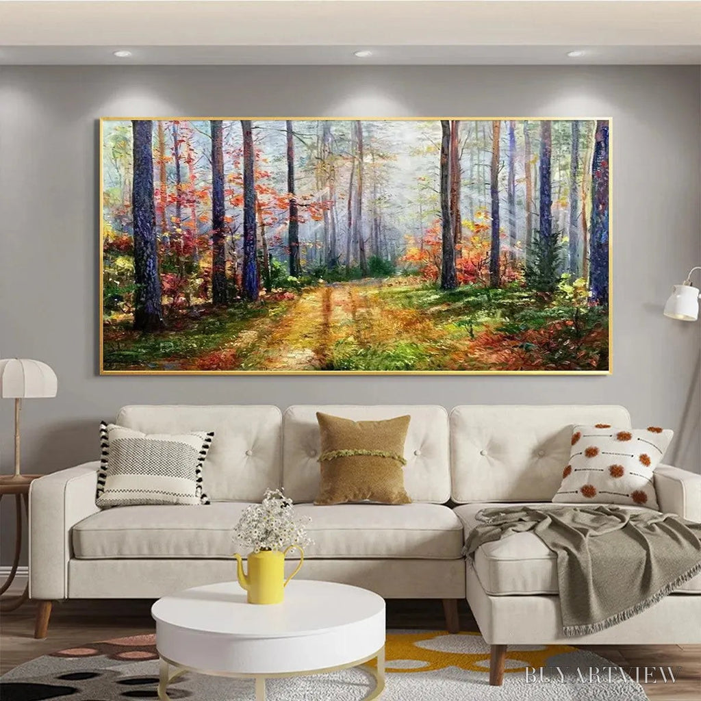 ARTOVITAS Autumn Forest Path – Panoramic Forest Landscape Painting, Autumn Colors , Nature Decor, Canvas Artwork - image 6