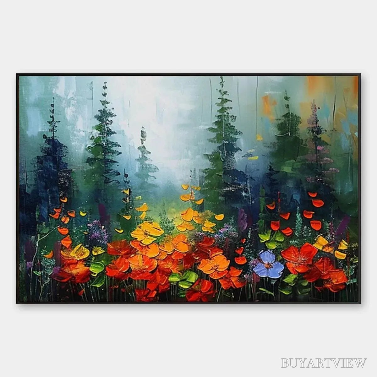 ARTOVITAS Wild Flower Meadow – Textured Floral Landscape Painting, Impasto , Panoramic Canvas, Nature Decor - image 1