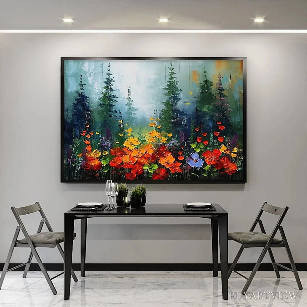 ARTOVITAS Wild Flower Meadow – Textured Floral Landscape Painting, Impasto , Panoramic Canvas, Nature Decor - image 2