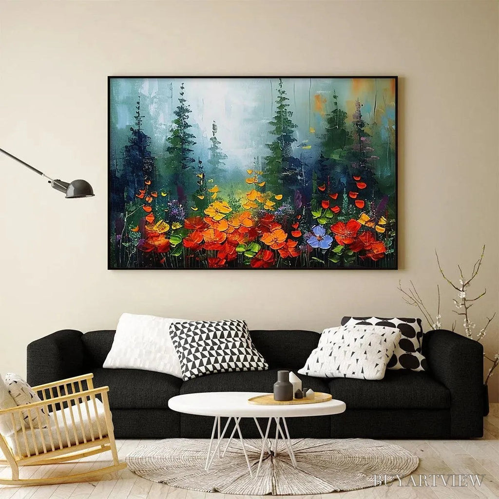ARTOVITAS Wild Flower Meadow – Textured Floral Landscape Painting, Impasto , Panoramic Canvas, Nature Decor - image 4