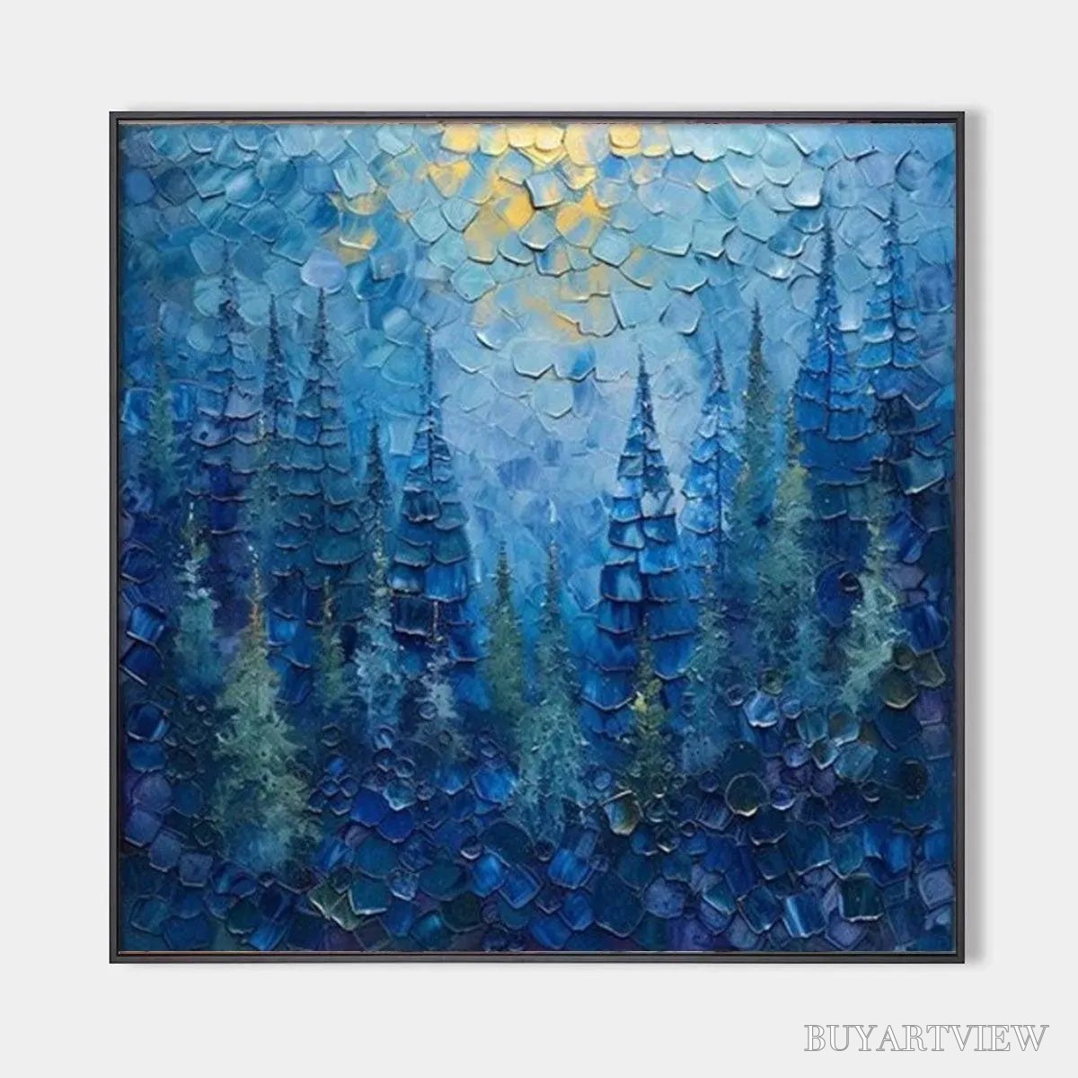 ARTOVITAS Blue Forest – Textured Forest Painting, Blue Landscape , Square Canvas, Impasto Decor - image 1