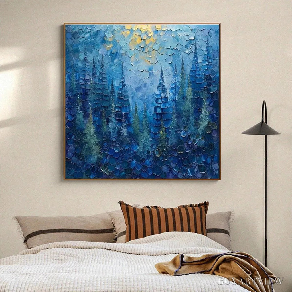 ARTOVITAS Blue Forest – Textured Forest Painting, Blue Landscape , Square Canvas, Impasto Decor - image 2