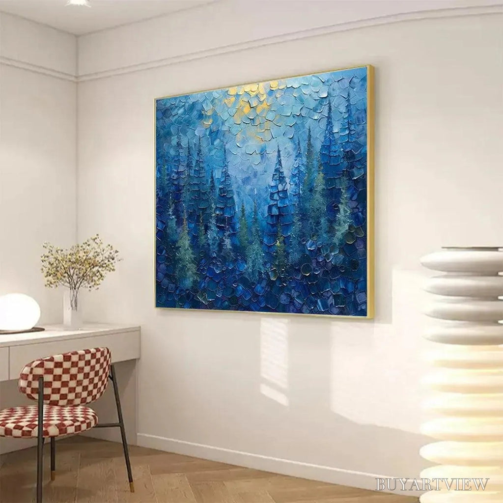 ARTOVITAS Blue Forest – Textured Forest Painting, Blue Landscape , Square Canvas, Impasto Decor - image 4