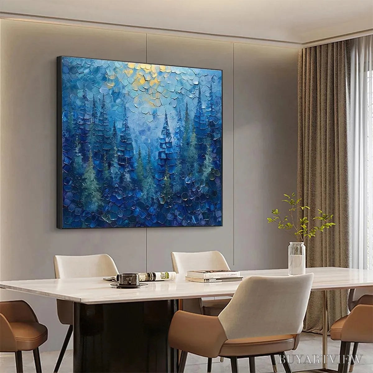 ARTOVITAS Blue Forest – Textured Forest Painting, Blue Landscape , Square Canvas, Impasto Decor - image 5