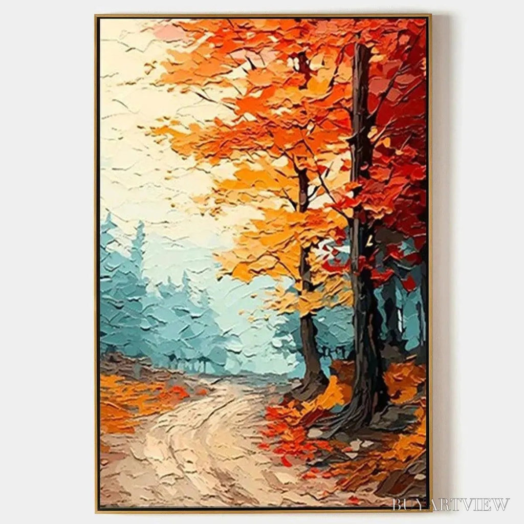 ARTOVITAS Autumn Path – Textured Forest Path Painting, Orange and Blue , Vertical Canvas, Impasto Decor - image 1