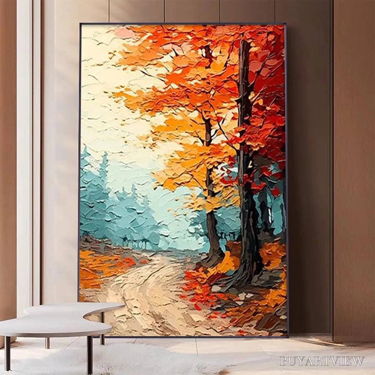 ARTOVITAS Autumn Path – Textured Forest Path Painting, Orange and Blue , Vertical Canvas, Impasto Decor - image 2
