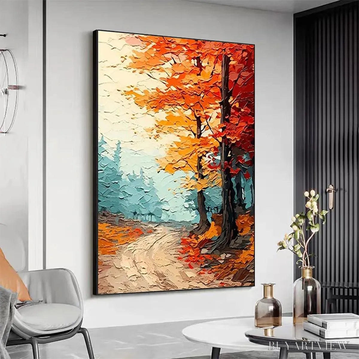 ARTOVITAS Autumn Path – Textured Forest Path Painting, Orange and Blue , Vertical Canvas, Impasto Decor - image 5