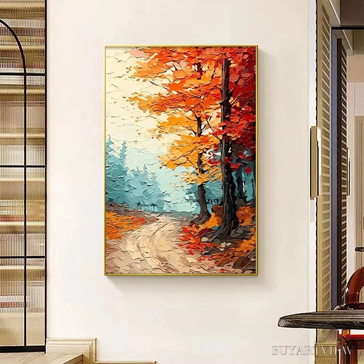 ARTOVITAS Autumn Path – Textured Forest Path Painting, Orange and Blue , Vertical Canvas, Impasto Decor - image 6