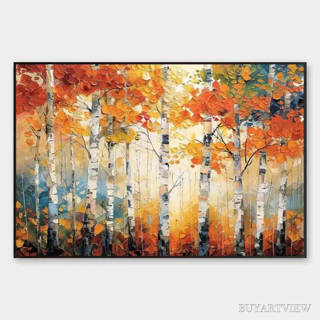 ARTOVITAS Autumn Aspen – Textured Forest Painting, Impasto , Horizontal Canvas, Fall Decor - image 1