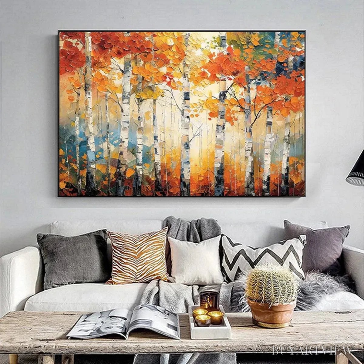 ARTOVITAS Autumn Aspen – Textured Forest Painting, Impasto , Horizontal Canvas, Fall Decor - image 2