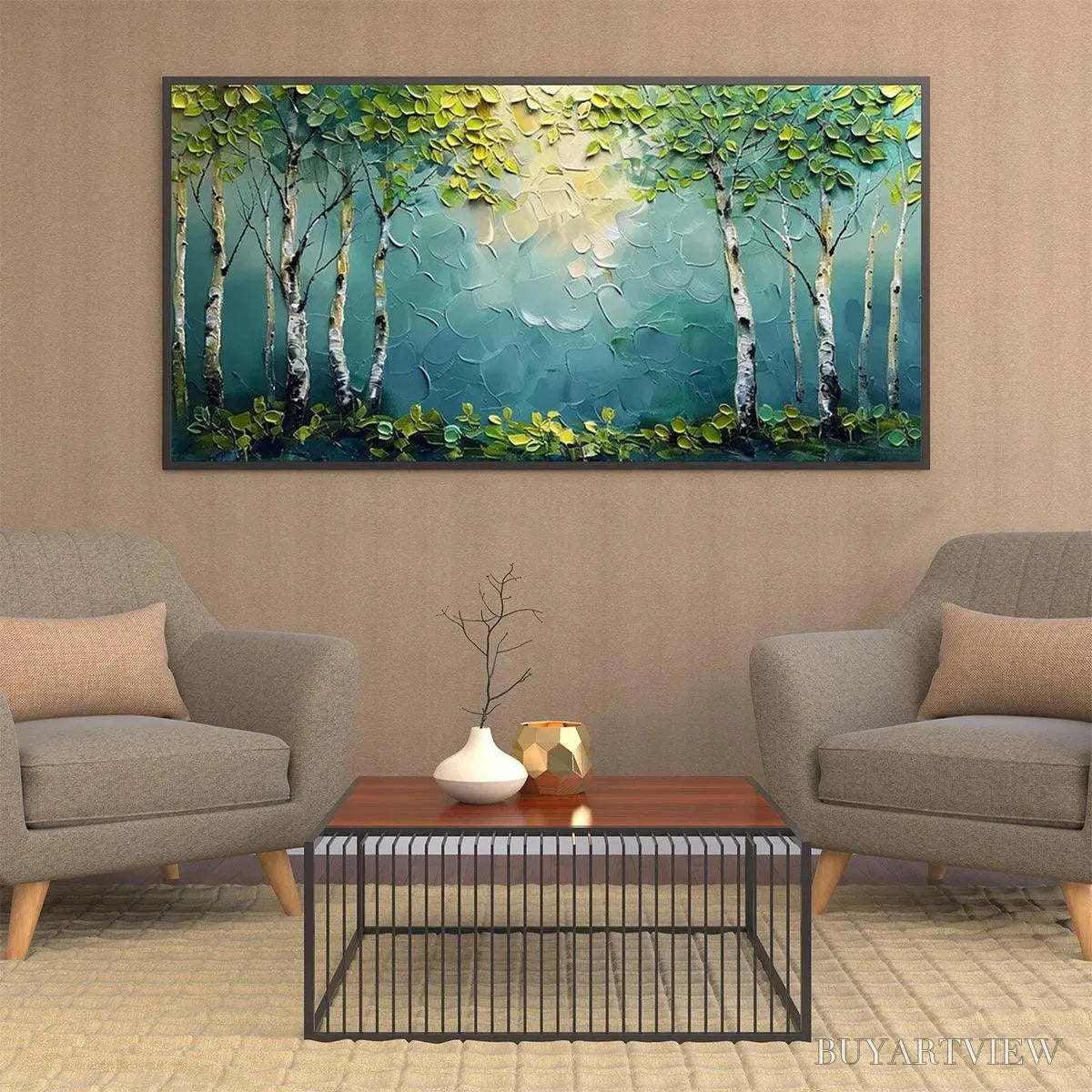 ARTOVITAS Birch Grove – Textured Forest Painting, Impasto , Horizontal Canvas, Birch Tree Decor - image 4