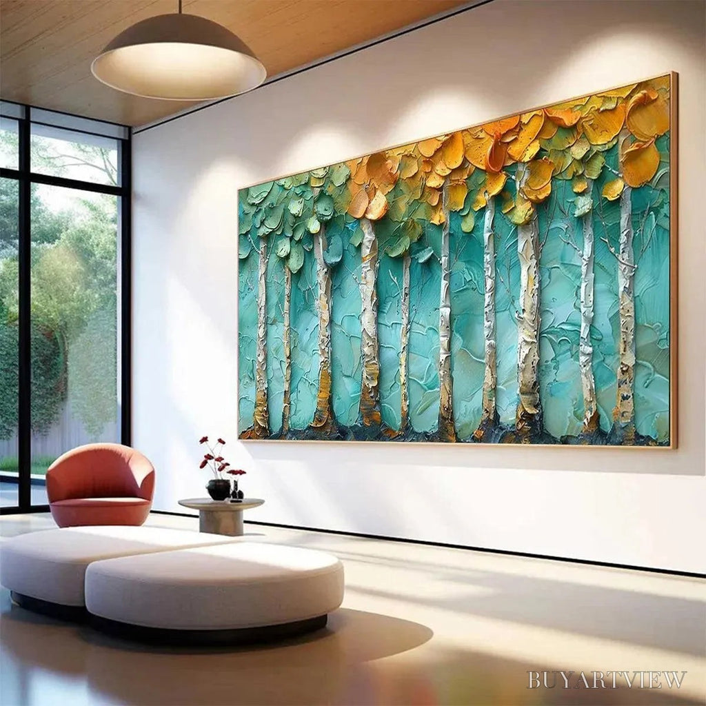 ARTOVITAS Golden Aspen Grove – Textured Forest Painting, Impasto , Horizontal Canvas, Landscape Art - image 4