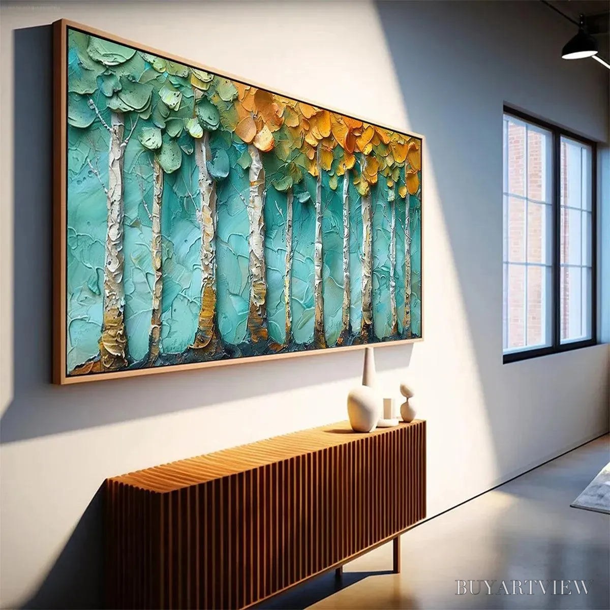 ARTOVITAS Golden Aspen Grove – Textured Forest Painting, Impasto , Horizontal Canvas, Landscape Art - image 5