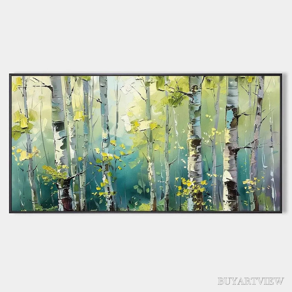 ARTOVITAS Aspen Grove – Textured Birch Tree Painting, Green and Yellow Forest , Panoramic Canvas, Nature-Inspired Decor - image 1