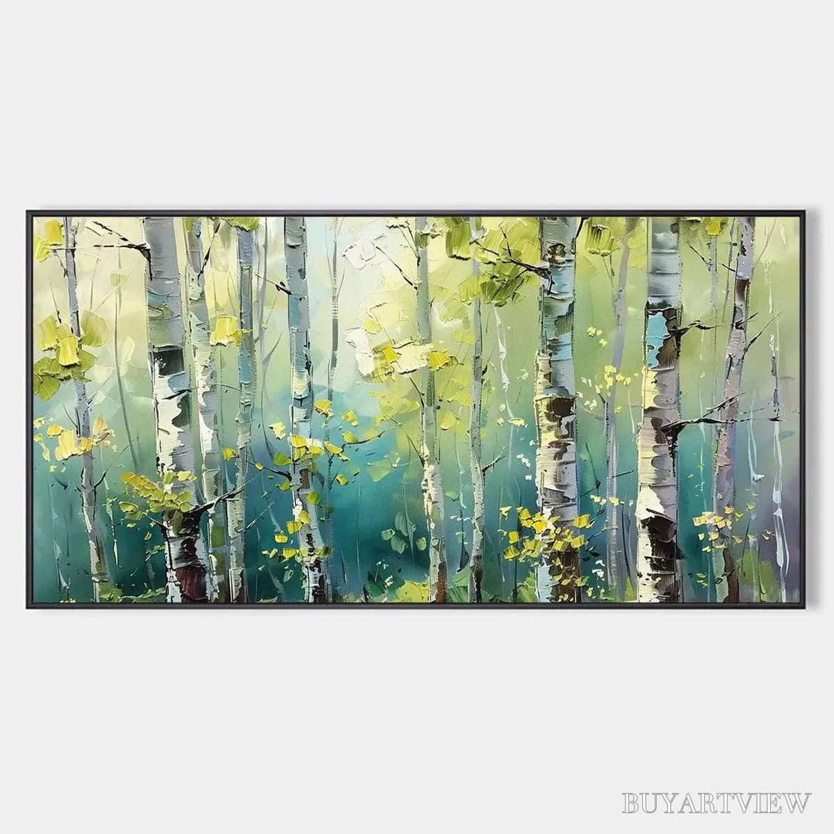 ARTOVITAS Aspen Grove – Textured Birch Tree Painting, Green and Yellow Forest , Panoramic Canvas, Nature-Inspired Decor - image 1