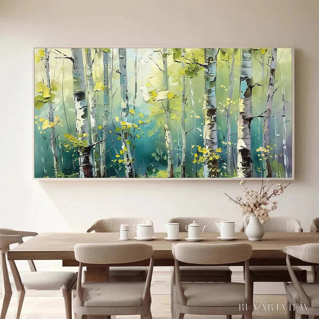 ARTOVITAS Aspen Grove – Textured Birch Tree Painting, Green and Yellow Forest , Panoramic Canvas, Nature-Inspired Decor - image 2