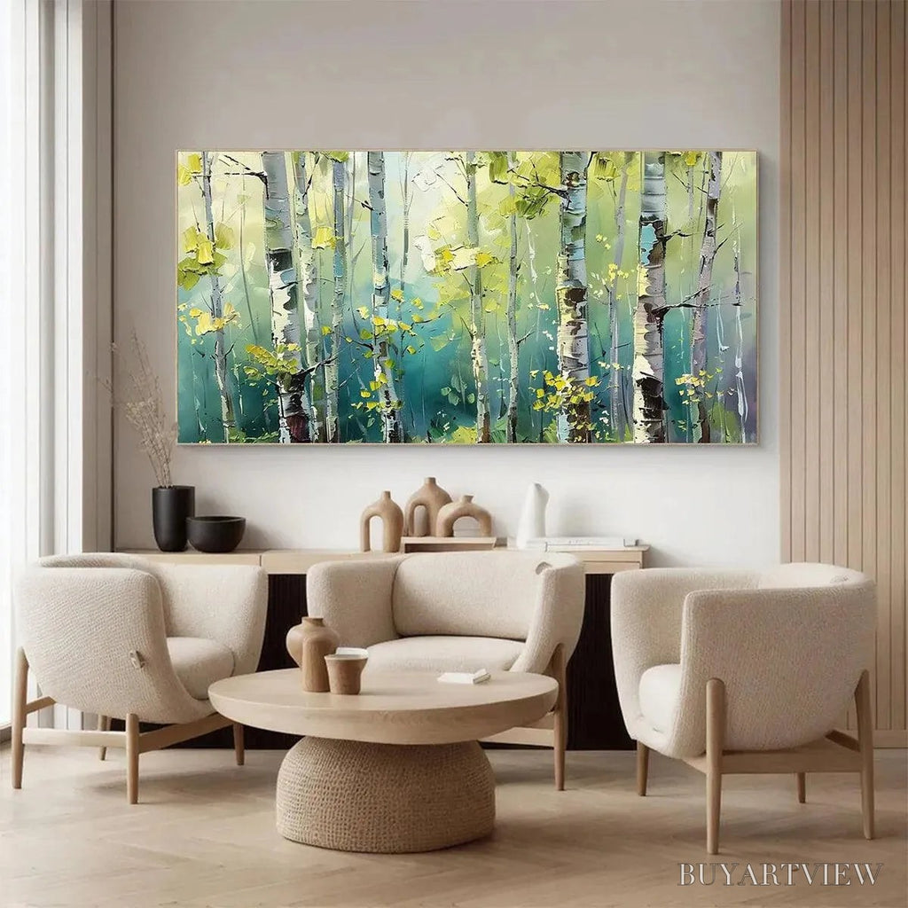 ARTOVITAS Aspen Grove – Textured Birch Tree Painting, Green and Yellow Forest , Panoramic Canvas, Nature-Inspired Decor - image 4