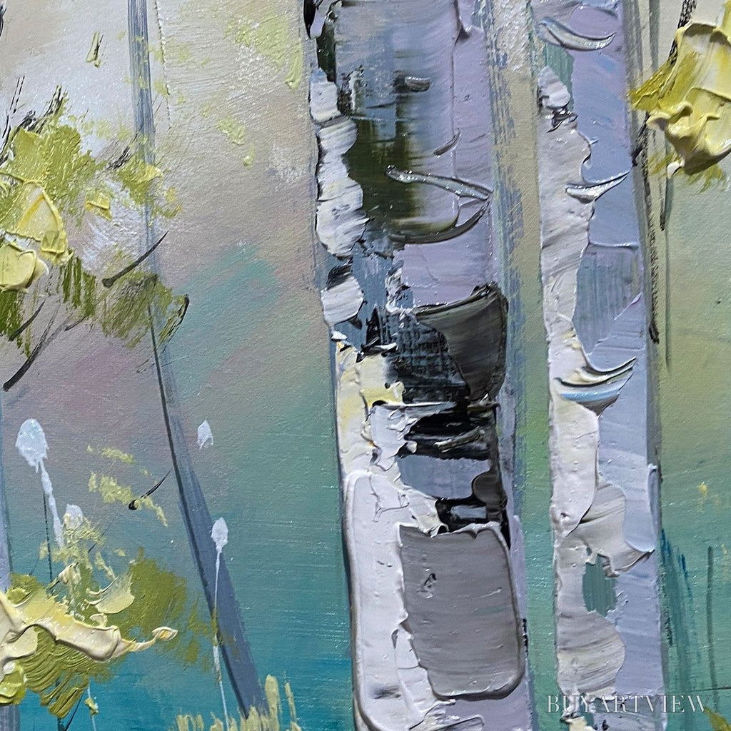 ARTOVITAS Aspen Grove – Textured Birch Tree Painting, Green and Yellow Forest , Panoramic Canvas, Nature-Inspired Decor - image 6