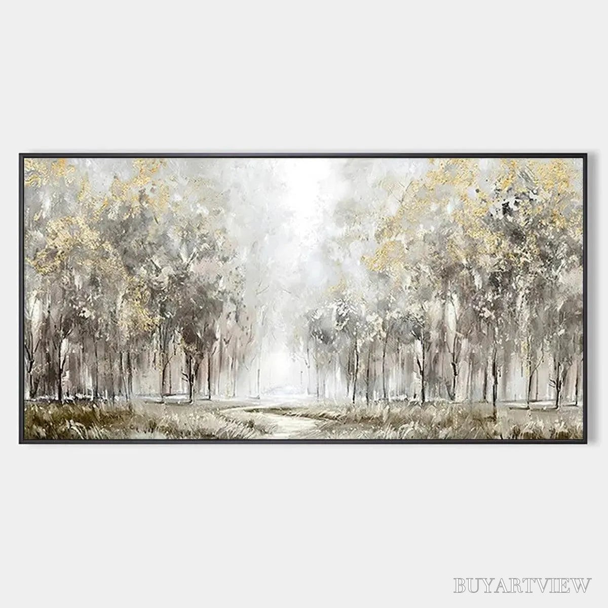 ARTOVITAS Golden Forest Path – Textured Forest Landscape Painting, Panoramic - image 1