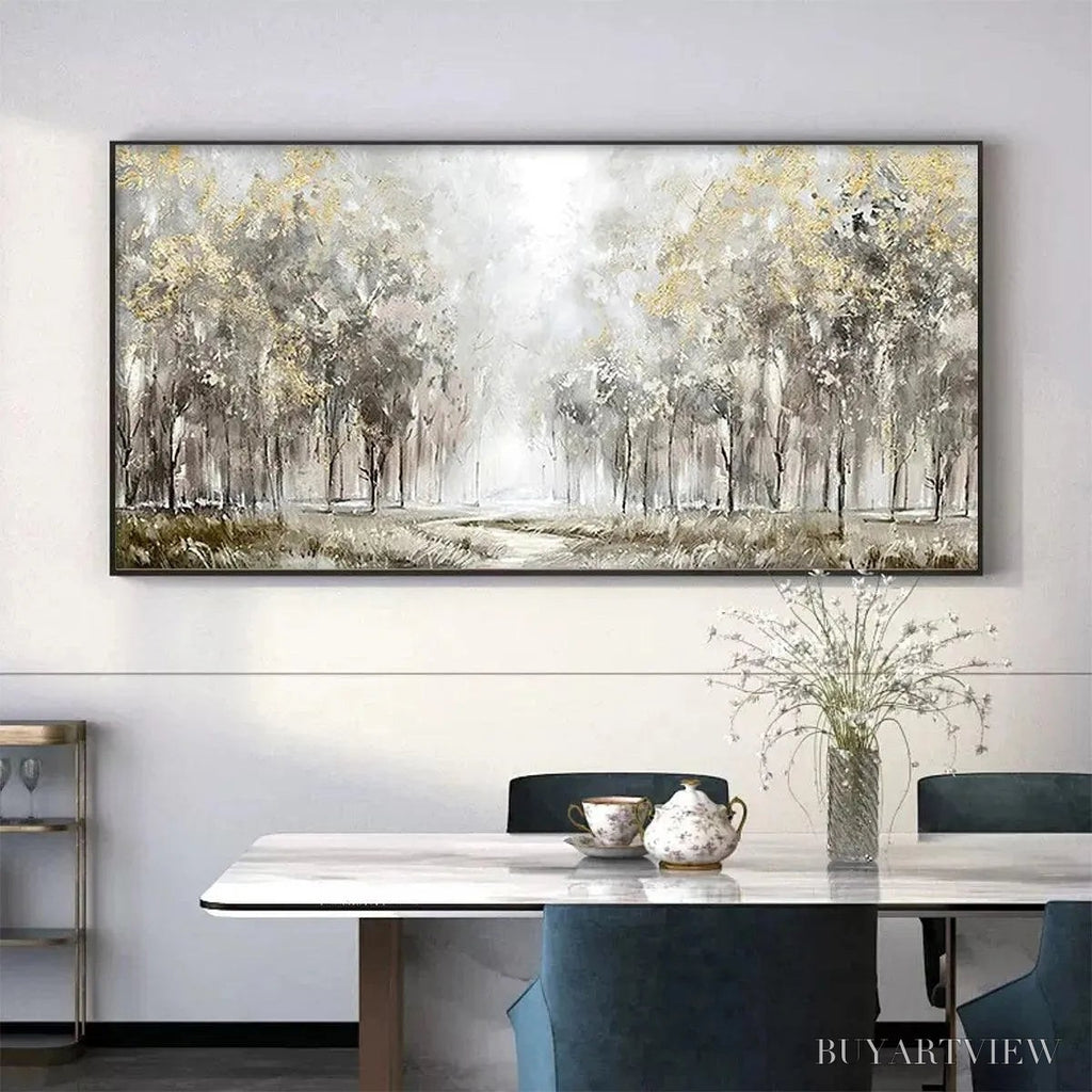 ARTOVITAS Golden Forest Path – Textured Forest Landscape Painting, Panoramic - image 2